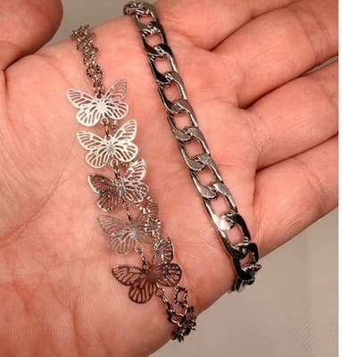 2 Anklet Sets Layered Gold & Silver Chain Butterfly Charm Adjustable NEW - Thumbnail 5
