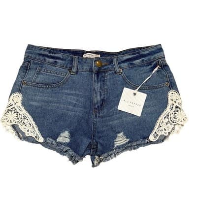 Blu Pepper Vintage Denim Lace Trim Distressed Shorts | Size Medium NWT - Image 1