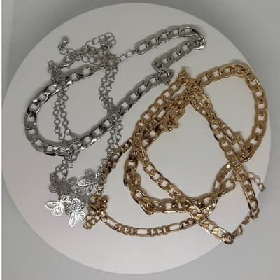 2 Anklet Sets Layered Gold & Silver Chain Butterfly Charm Adjustable NEW - Thumbnail 6