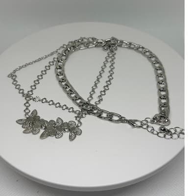 2 Anklet Sets Layered Gold & Silver Chain Butterfly Charm Adjustable NEW - Thumbnail 4