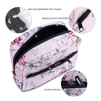 Floral Makeup Bag Cosmetic Pouch w/ Waterproof Lining & Zipper Pocket - Thumbnail 2
