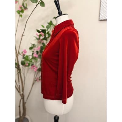 Vintage Red Velvet Button Up Top Size 4 Stretch Fitted Y2K Blouse - Thumbnail 2