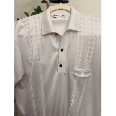 VTG Good Time Knit Polo Shirt White Textured Retro Disco Pocket Men’s Size L/XL - Thumbnail 2