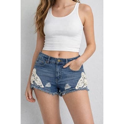Blu Pepper Vintage Denim Lace Trim Distressed Shorts | Size Small NWOT - Image 1