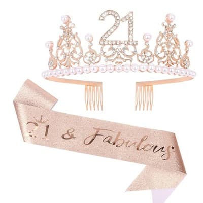 21 & Fabulous Crown and Sash in Rose Gold Glitter - Image 1