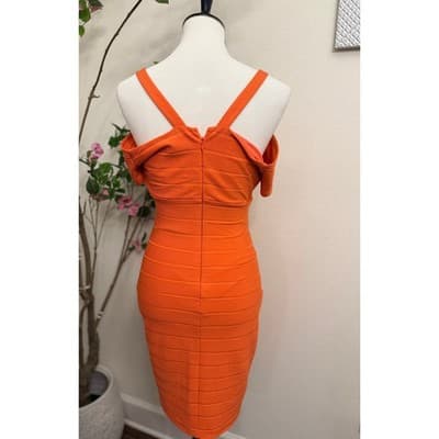Guess Bandage Bodycon Dress Coral Size 6 Off Shoulder Strappy Midi - Thumbnail 4