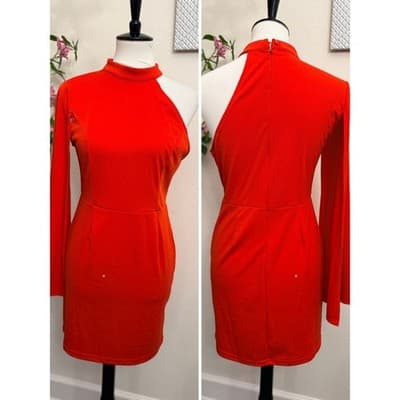 LYANER Red One Shoulder Dress Cape Sleeve Bodycon Mini Dress Large - Thumbnail 2