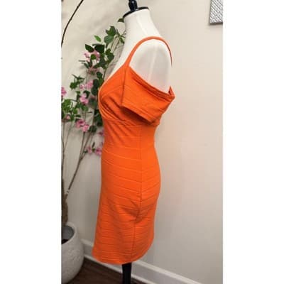 Guess Bandage Bodycon Dress Coral Size 6 Off Shoulder Strappy Midi - Thumbnail 3