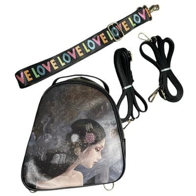 Mini Backpack Crossbody Bag – Artistic Woman Print w/ Colorful “LOVE” Strap - Thumbnail 2