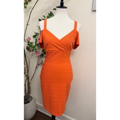 Guess Bandage Bodycon Dress Coral Size 6 Off Shoulder Strappy Midi - Thumbnail 2