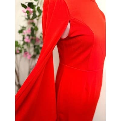 LYANER Red One Shoulder Dress Cape Sleeve Bodycon Mini Dress Large - Thumbnail 5