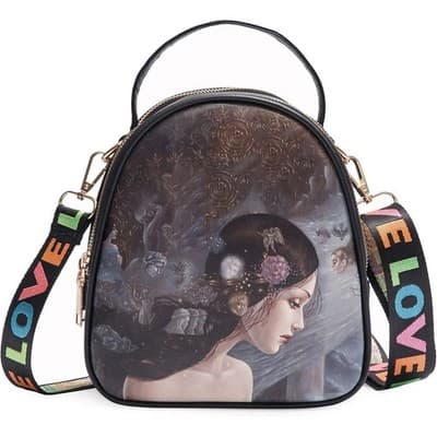 Mini Backpack Crossbody Bag – Artistic Woman Print w/ Colorful “LOVE” Strap - Image 1