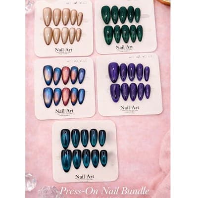 Press-On Nail Bundle – 5 Unique Cateye Sets | Handmade & Reusable - Size Small - Image 1