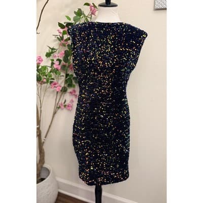 Sequin Bodycon Mini Dress Black Multicolor Sleeveless Open Side Size Large - Thumbnail 3
