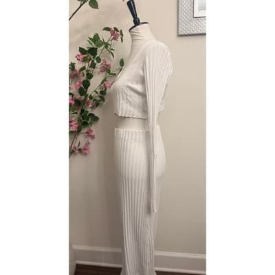 Cotton Citizen Ribbed Knit 2 Piece Set White Crop Top with Maxi Skirt Large - Thumbnail 3