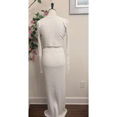 Cotton Citizen Ribbed Knit 2 Piece Set White Crop Top with Maxi Skirt Large - Thumbnail 4