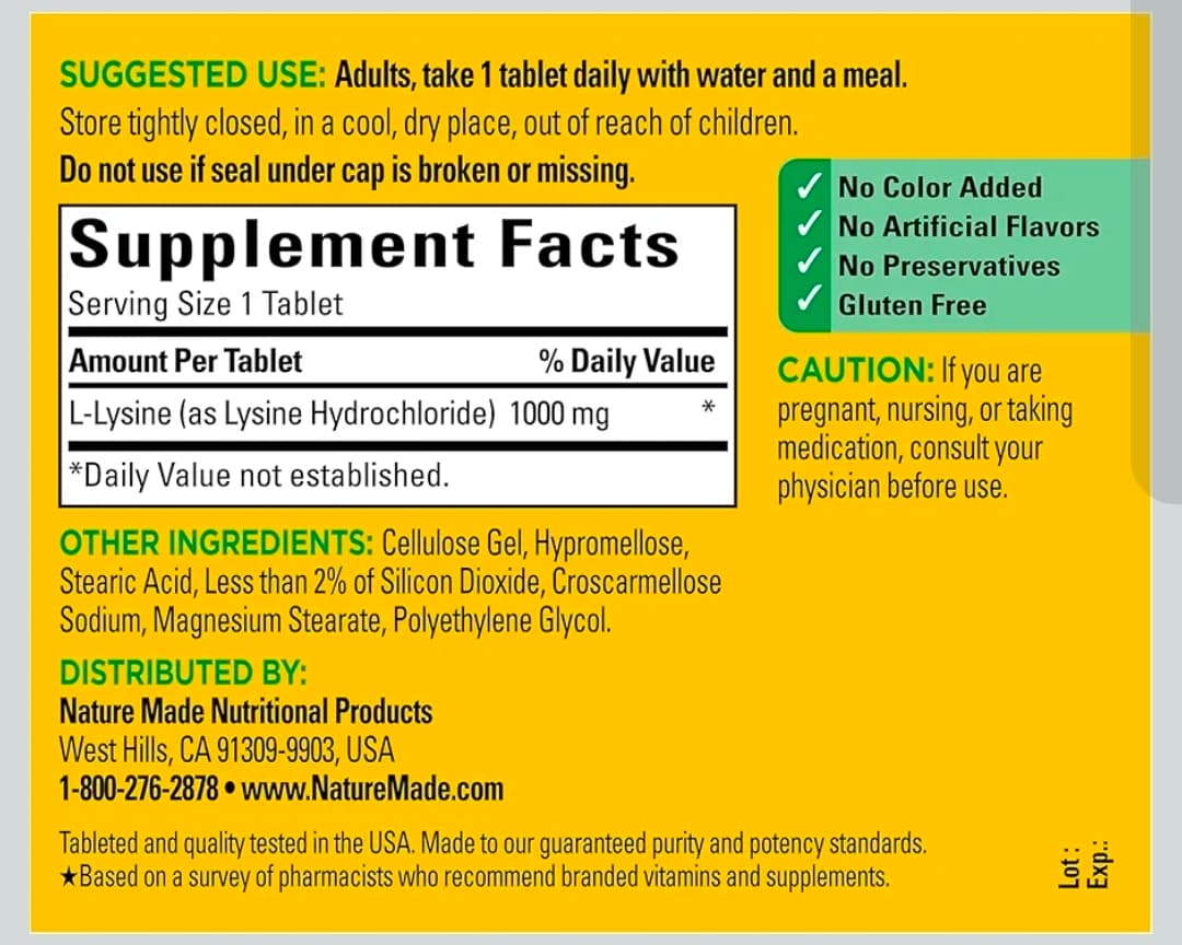 Nature Made L-Lysine 1000 mg Tablets, 60 Count - Thumbnail 6