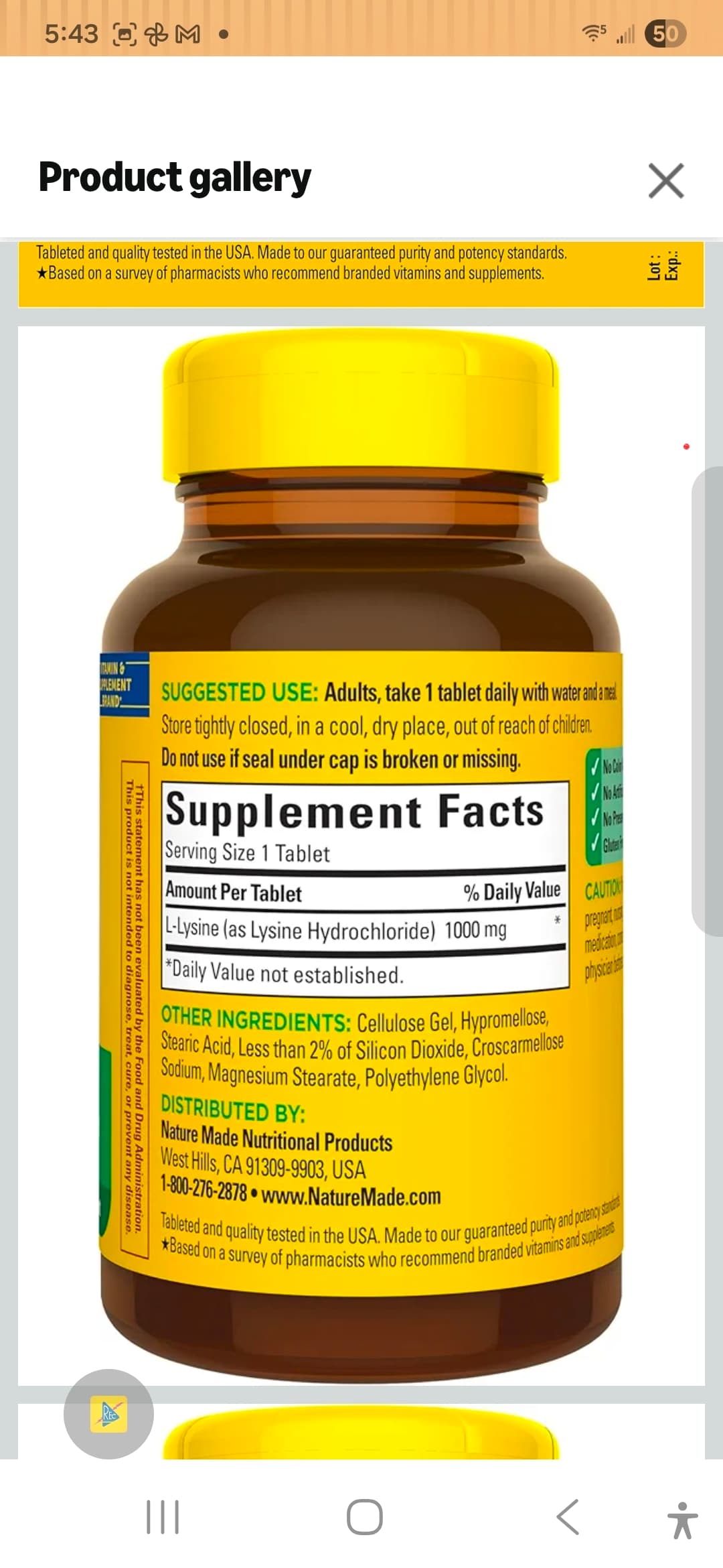 Nature Made L-Lysine 1000 mg Tablets, 60 Count - Thumbnail 7