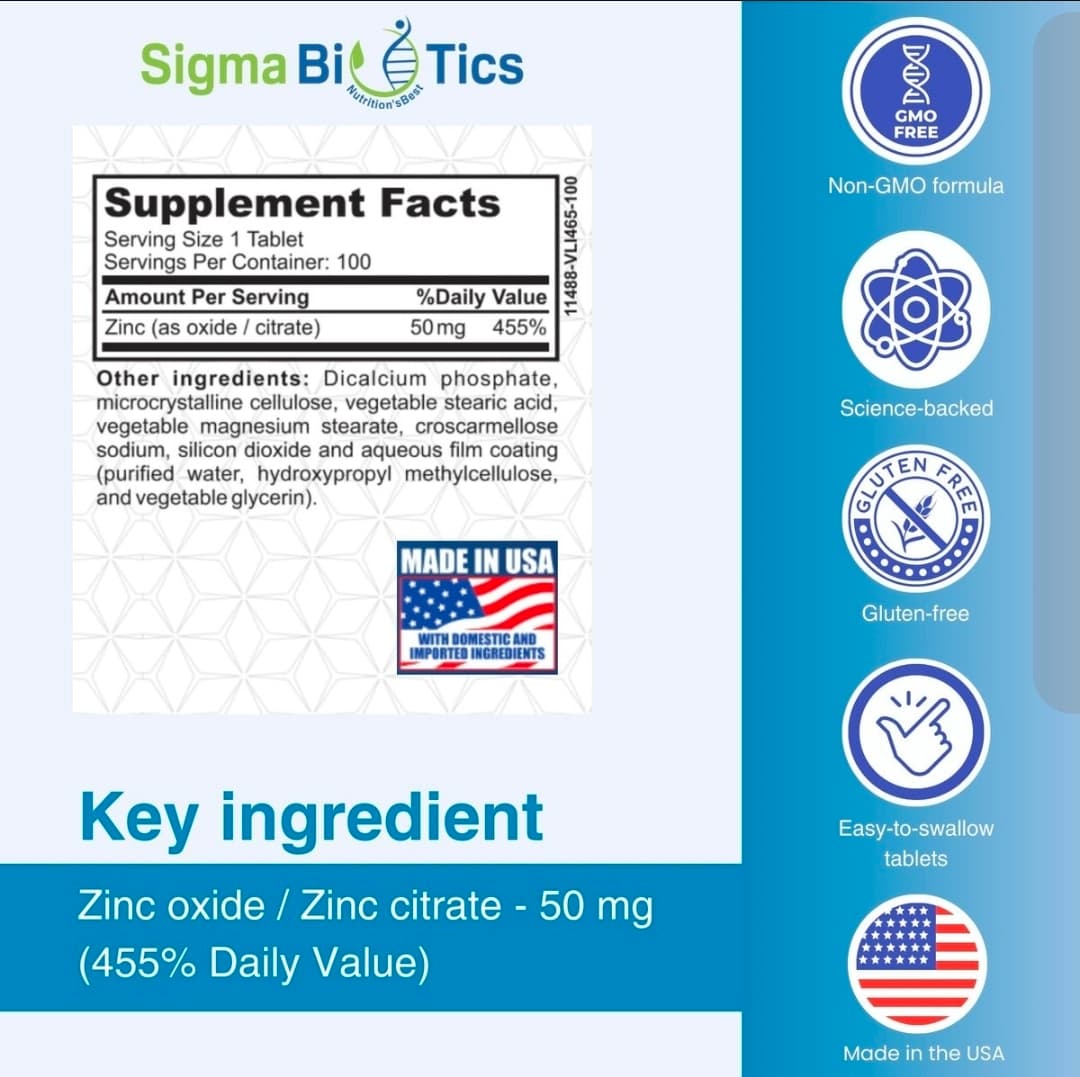 Sigma Biotics Zinc Complex 50mg 100 Tablets Non-GMO Vegan - Thumbnail 3