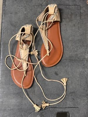 Express Sandals Womens 9 Beige Lace Up Ankle Tie Tassel Thong Stud Trim Flat - Image 1