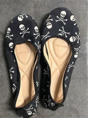 Skull Ballet Flats Womens Black White Slip On Cushioned Insole Casual Shoes - Image 1