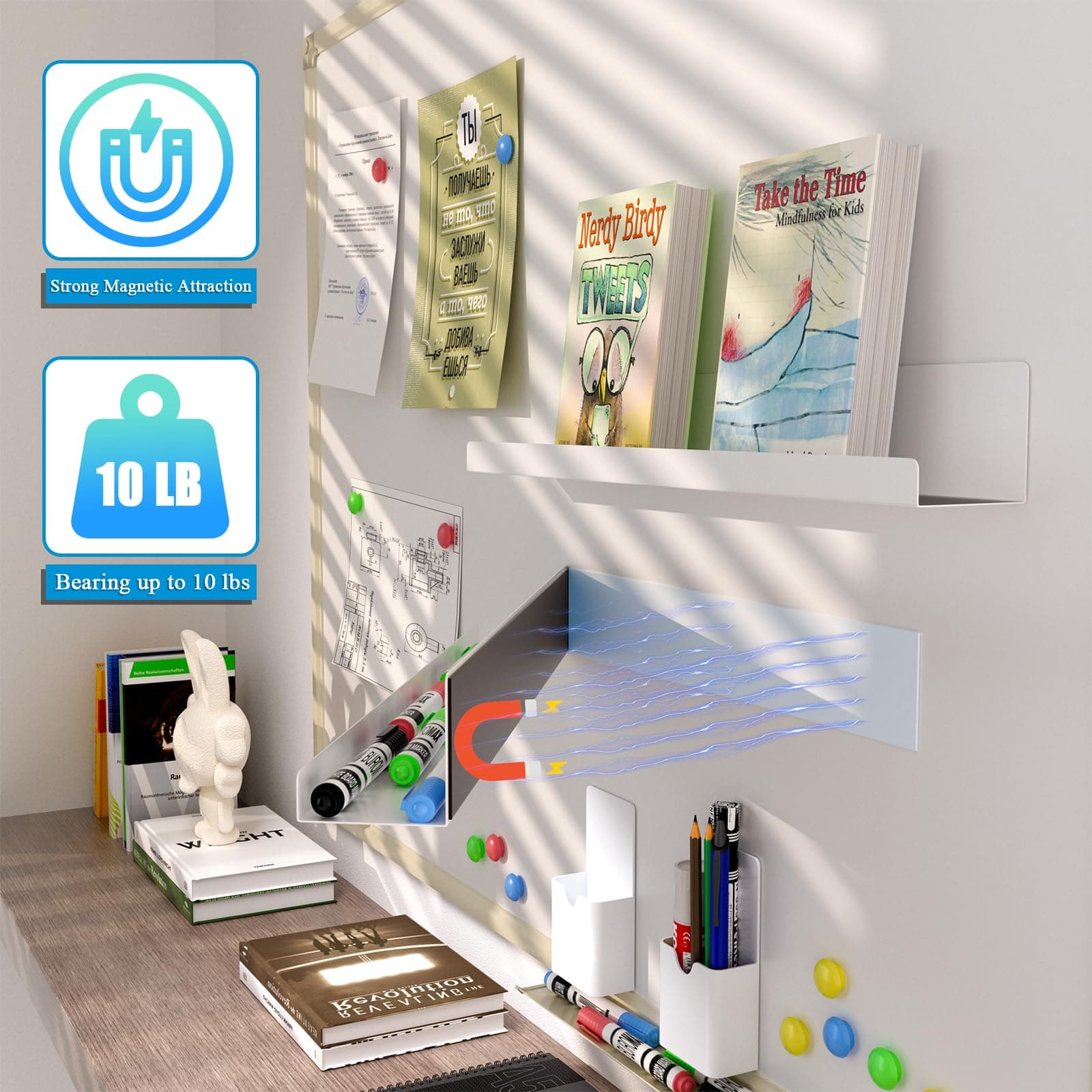 DTUQYX Metal Magnetic Book Shelf: Book Display Shelf 2-Pack Strong Adsorption wi - Thumbnail 4