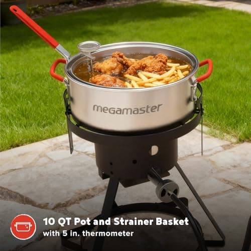 Megamaster 10.5QT Aluminum Fish Fryer Pot Kit, Outdoor 50,000 BTU Propane Deep F - Thumbnail 4