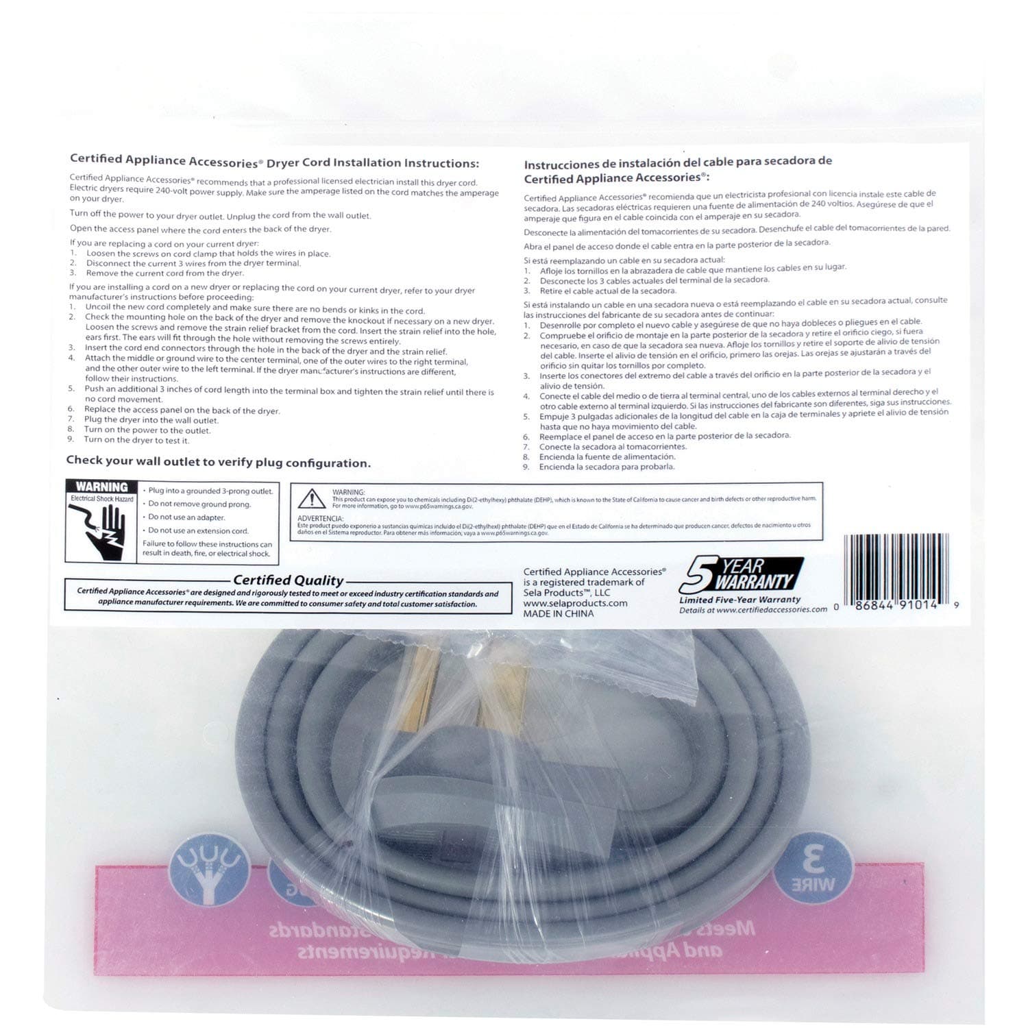 Certified Appliance Accessories 30-Amp Appliance Power Cord, 3 Prong Dryer Cord, - Thumbnail 9