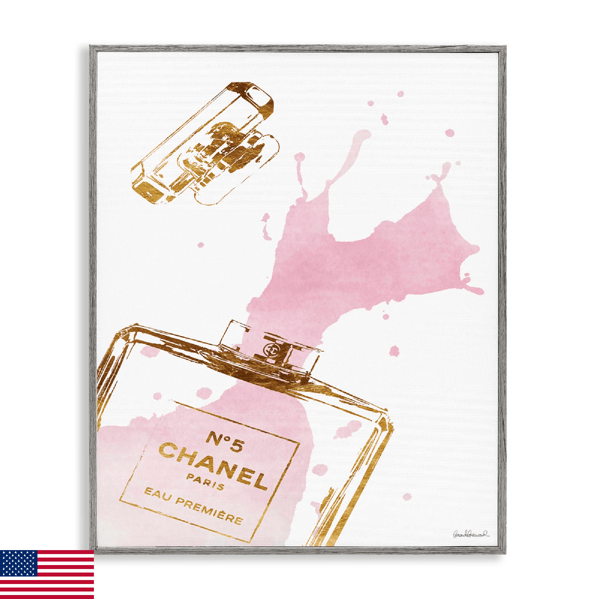 Stupell Industries Glam Perfume Bottle Splash Pink Gold Framed Giclee Art Design - Image 1