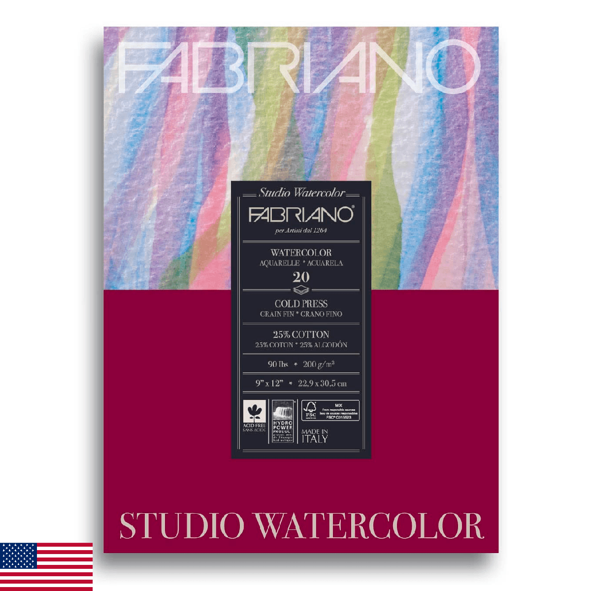 Fabriano Studio Watercolor Pad, Cold-Press, 9" x 12", 90 lb., 20 Sheets - Image 1