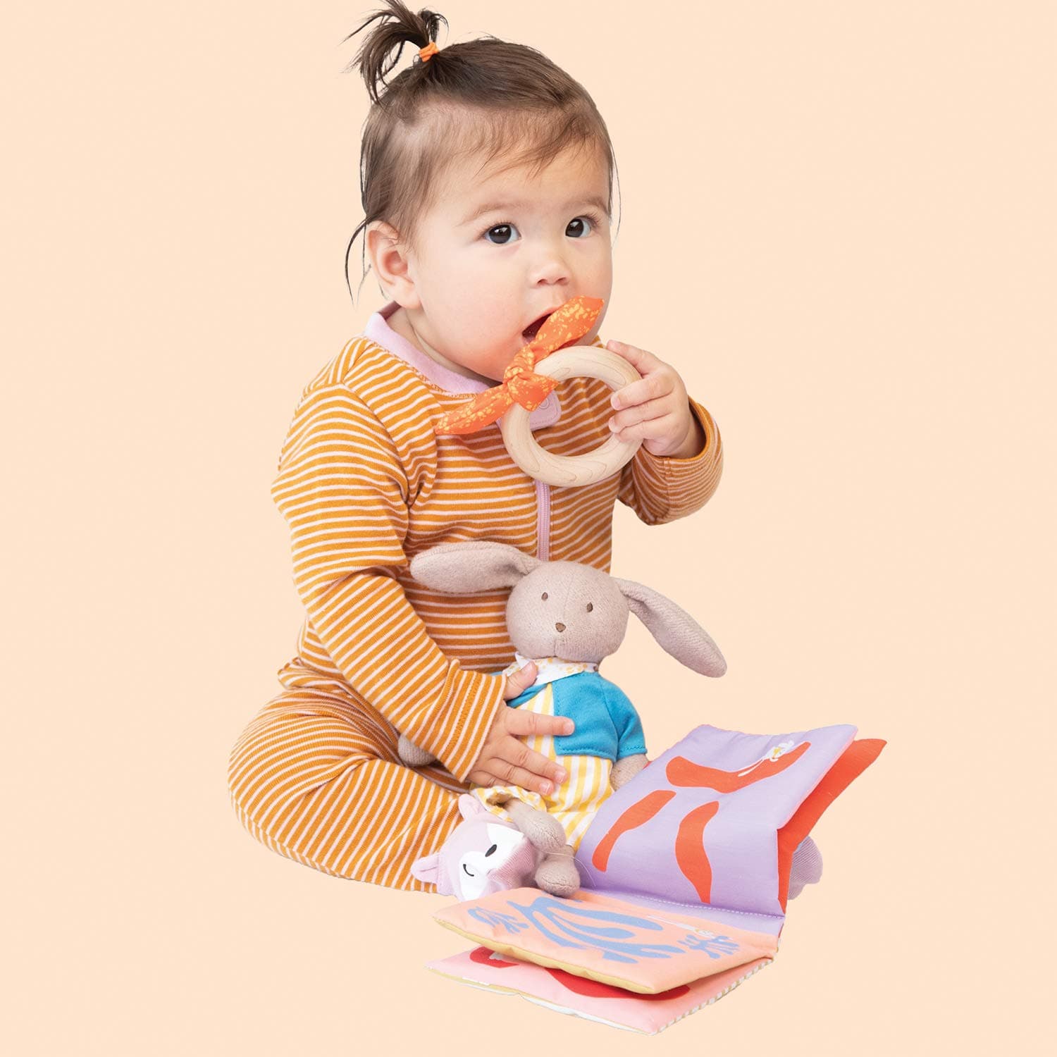 Manhattan Toy Petit Artiste Bunny Doll, Soft Book, & Wooden Teether Baby Soothin - Thumbnail 6