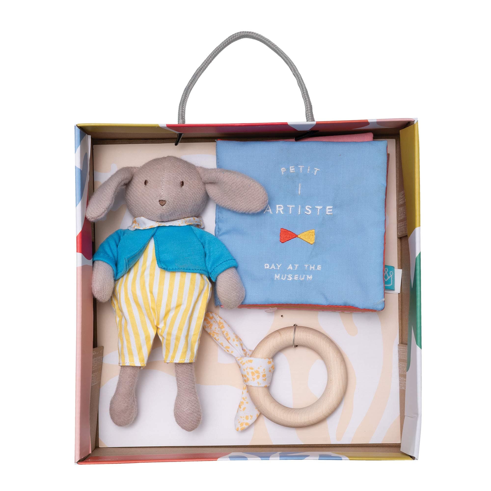 Manhattan Toy Petit Artiste Bunny Doll, Soft Book, & Wooden Teether Baby Soothin - Thumbnail 7