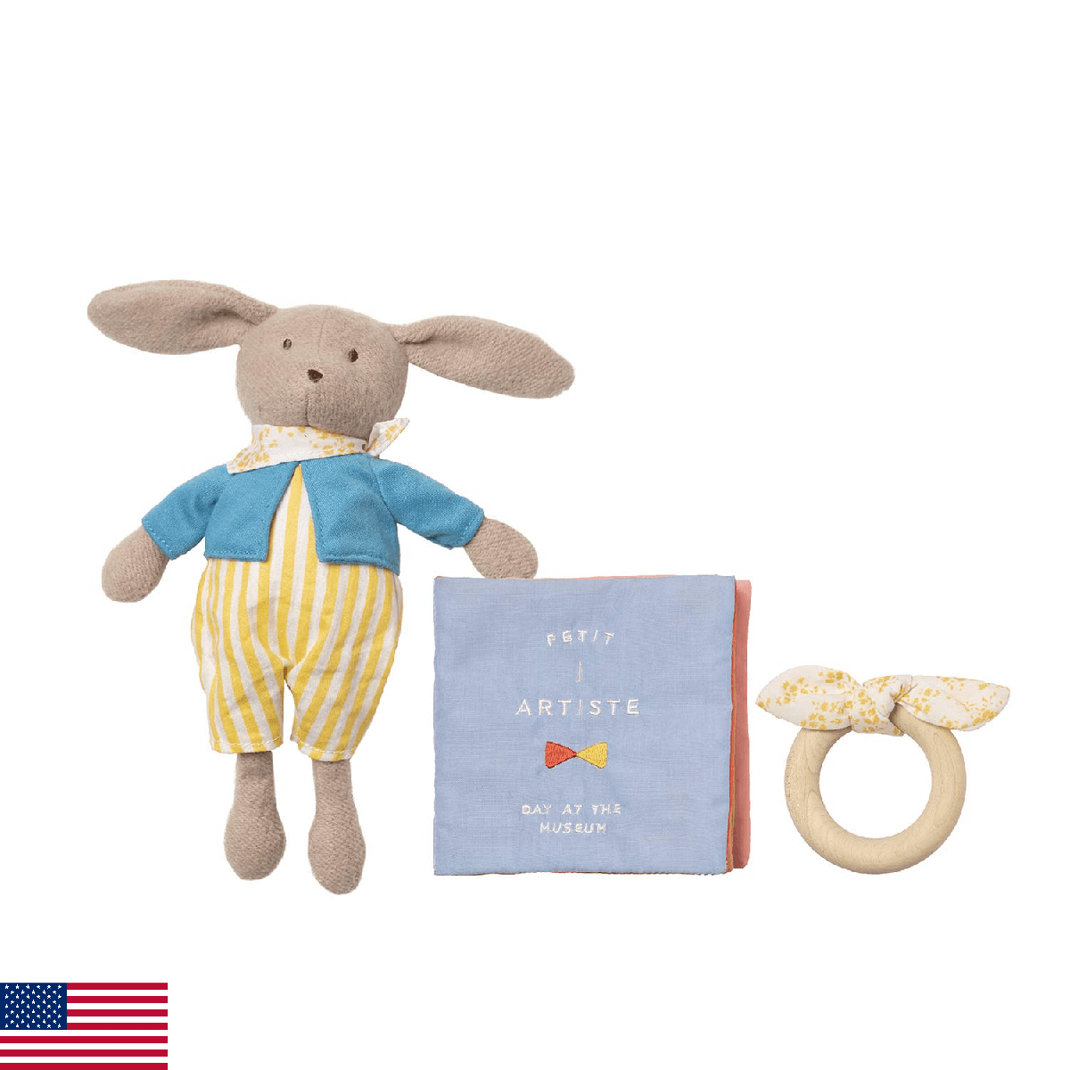 Manhattan Toy Petit Artiste Bunny Doll, Soft Book, & Wooden Teether Baby Soothin - Image 1