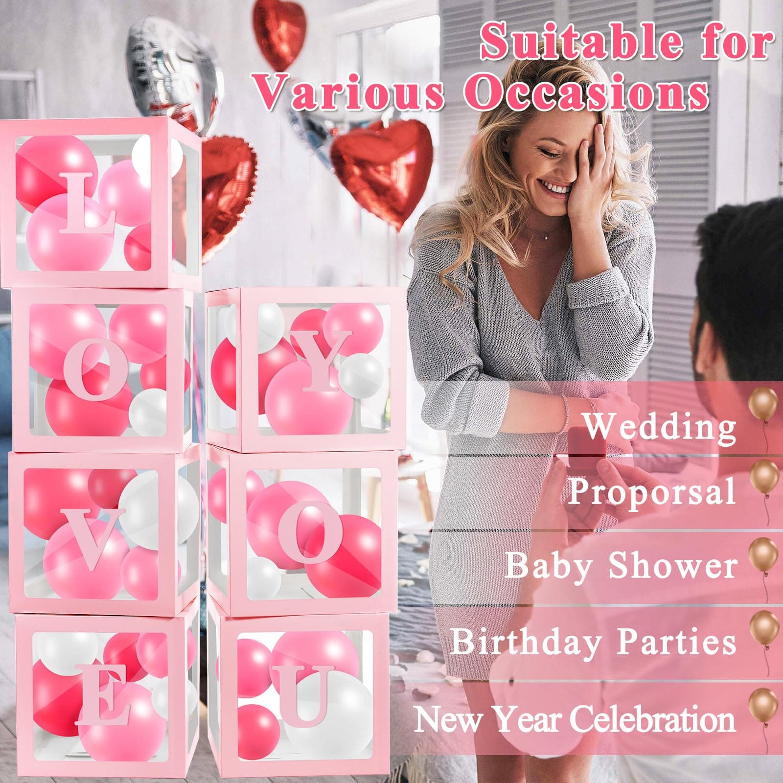 Ledido Transparent Balloon Boxes With 78 Letters Numbers, Pink Baby Boxes with L - Thumbnail 3