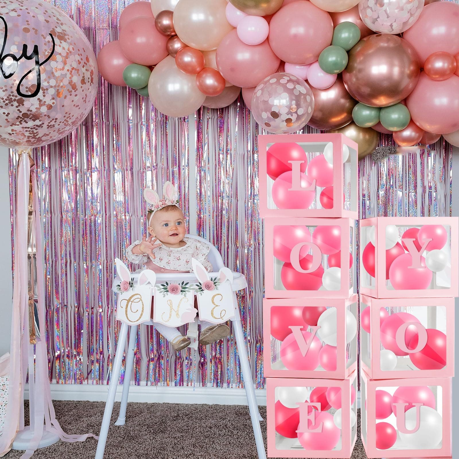 Ledido Transparent Balloon Boxes With 78 Letters Numbers, Pink Baby Boxes with L - Thumbnail 4