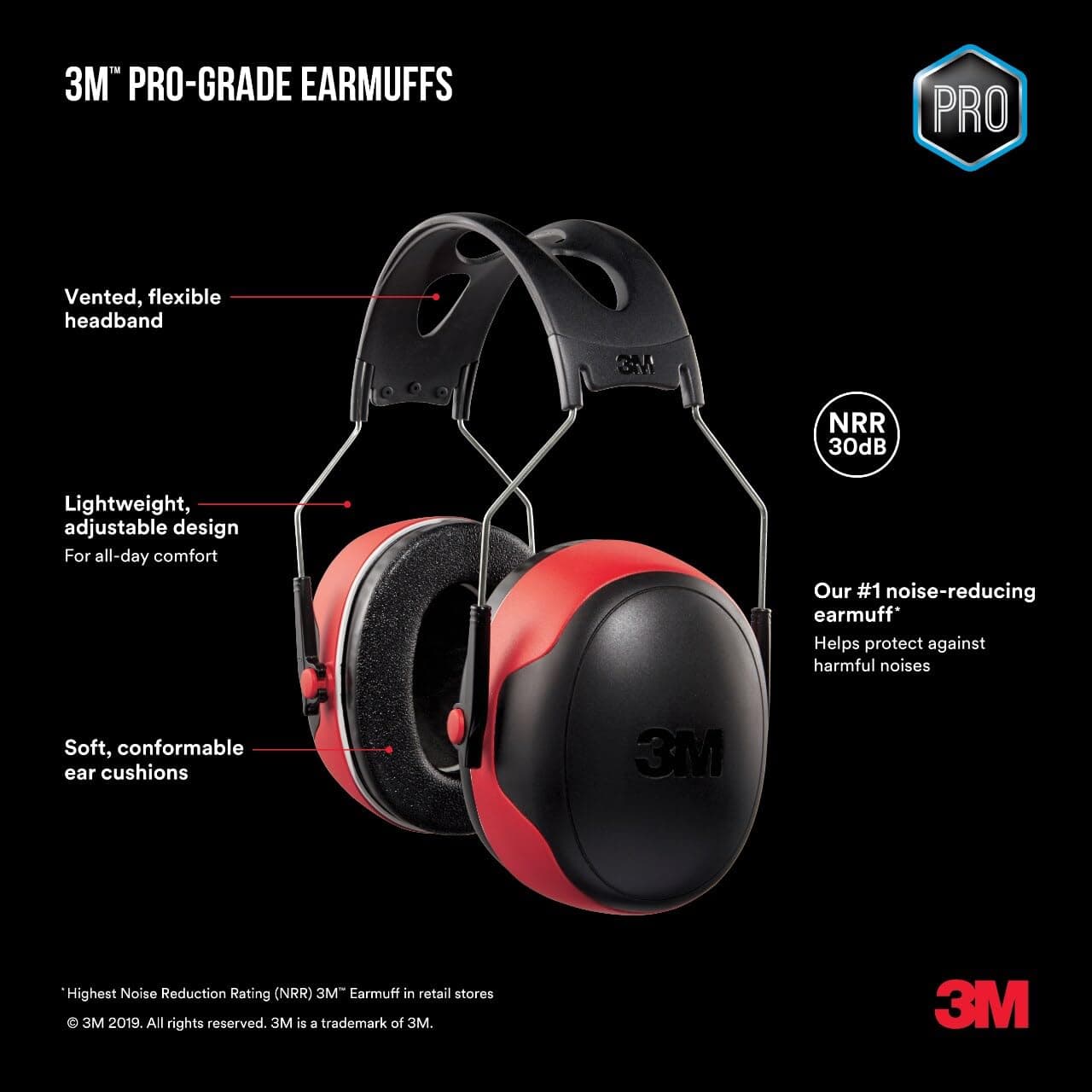 3M Pro-Grade Earmuff, Noise Reduction Rating (NRR) 30 dB, Lightweight & Adjustab - Thumbnail 3