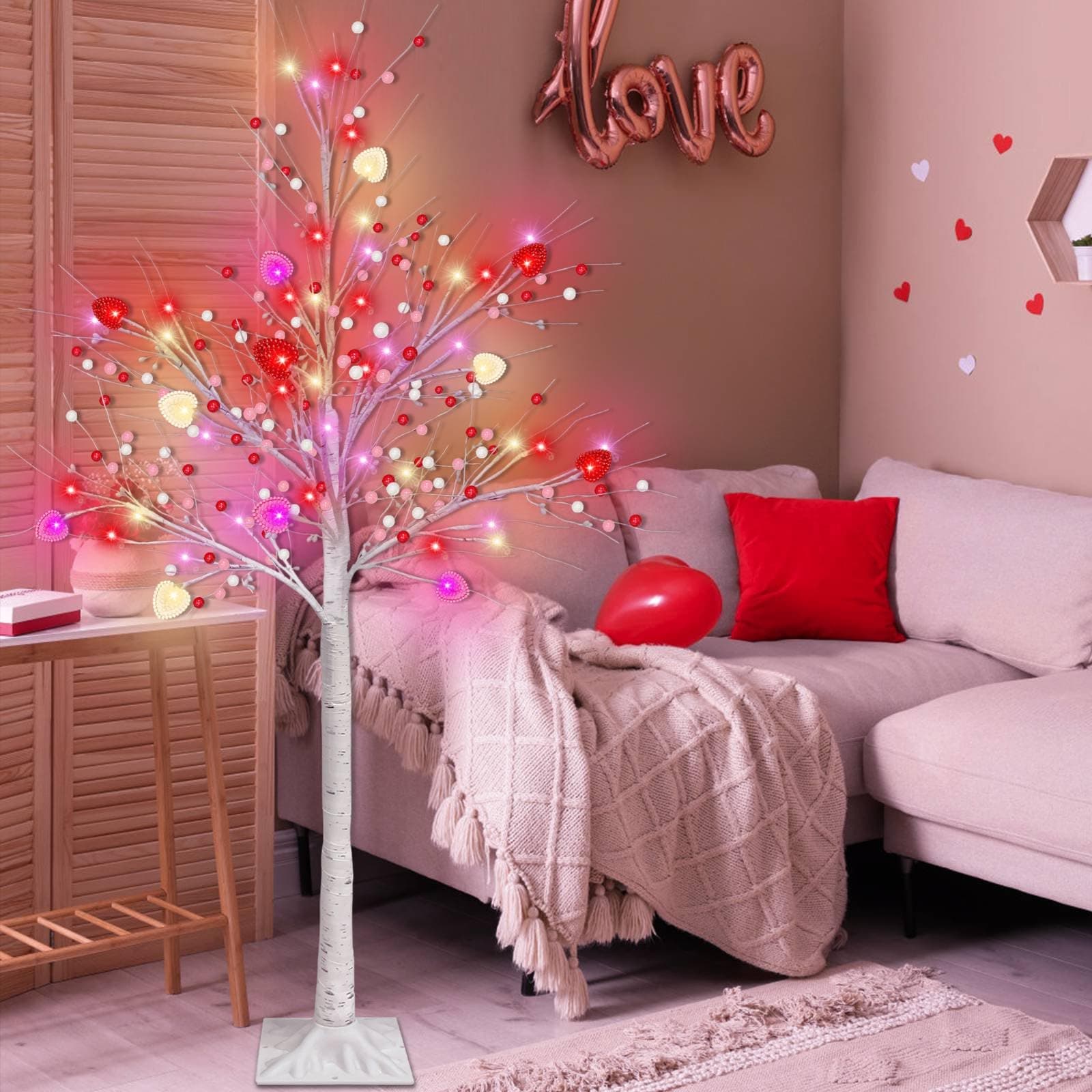 Valentines Day Decor, 4 FT Prelit Lighted Valentines Tree with 3D Hearts&Berries - Thumbnail 5