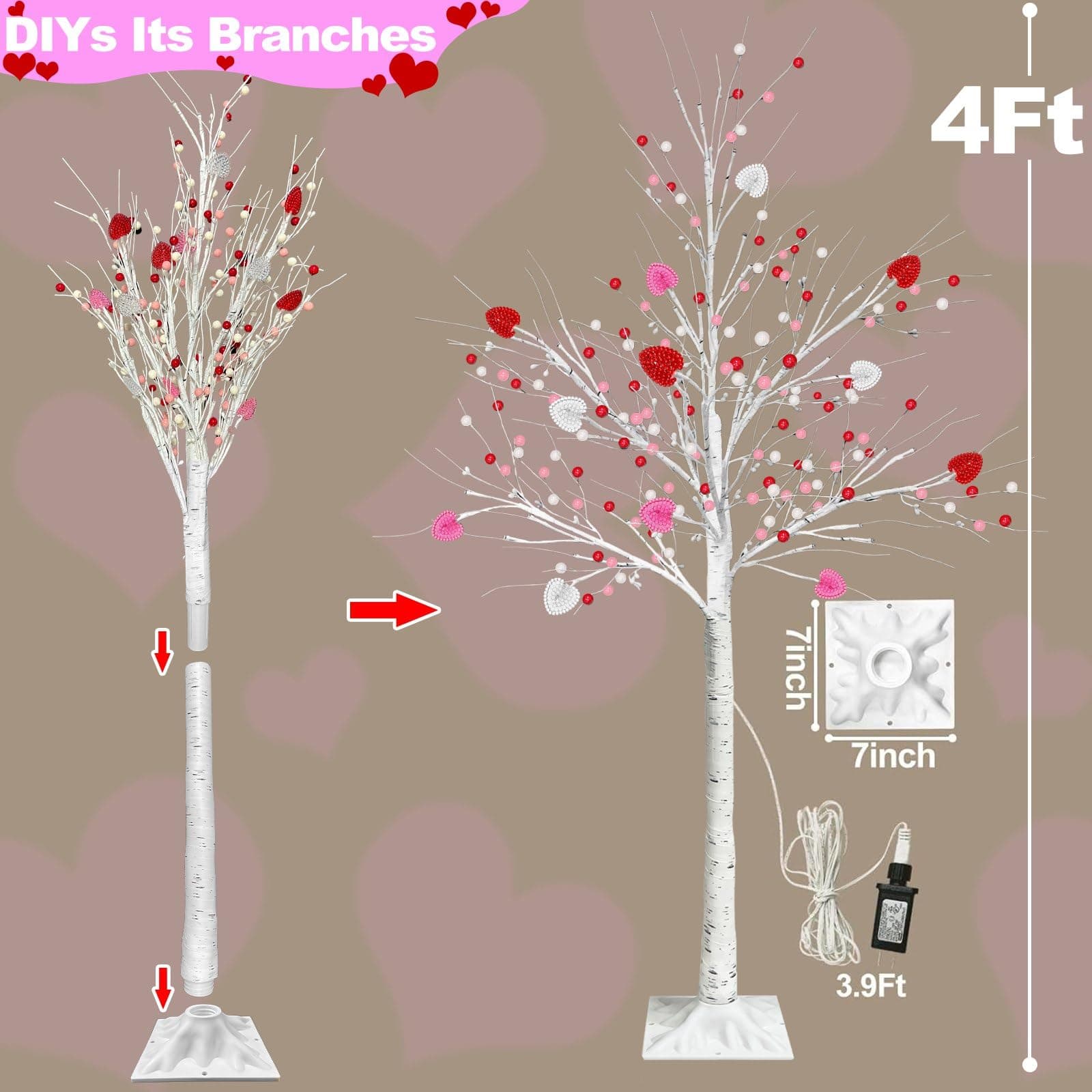 Valentines Day Decor, 4 FT Prelit Lighted Valentines Tree with 3D Hearts&Berries - Thumbnail 3