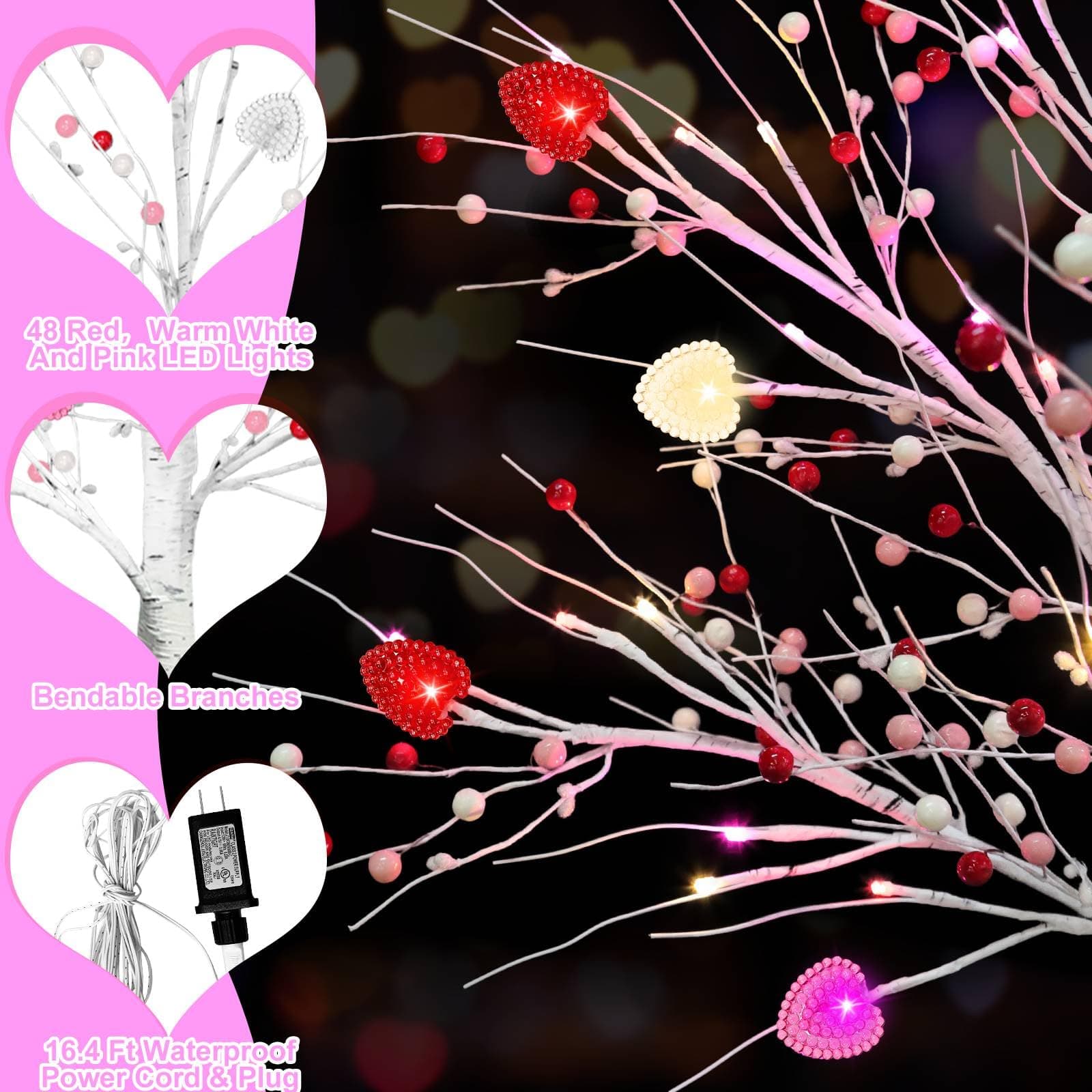 Valentines Day Decor, 4 FT Prelit Lighted Valentines Tree with 3D Hearts&Berries - Thumbnail 4