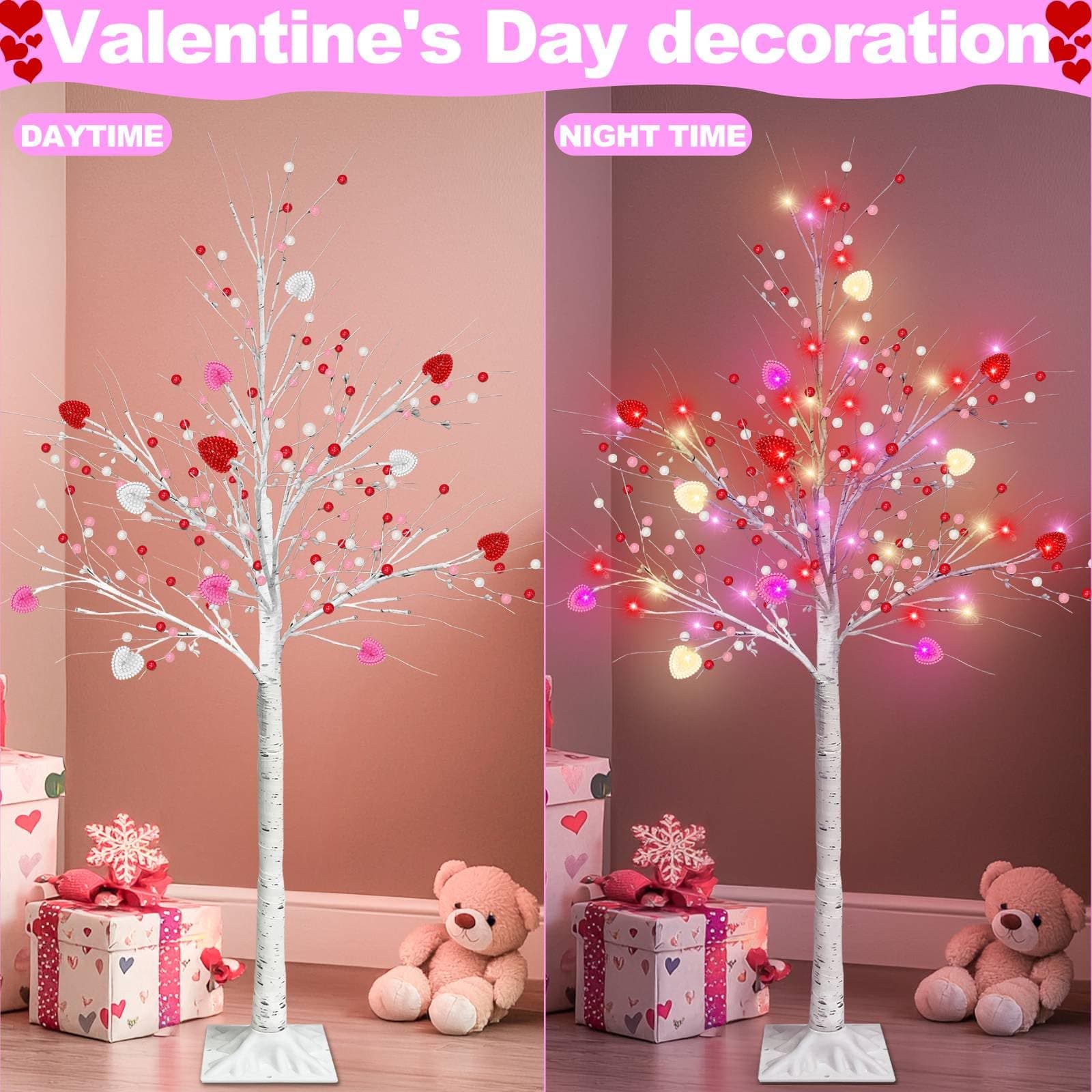 Valentines Day Decor, 4 FT Prelit Lighted Valentines Tree with 3D Hearts&Berries - Thumbnail 2