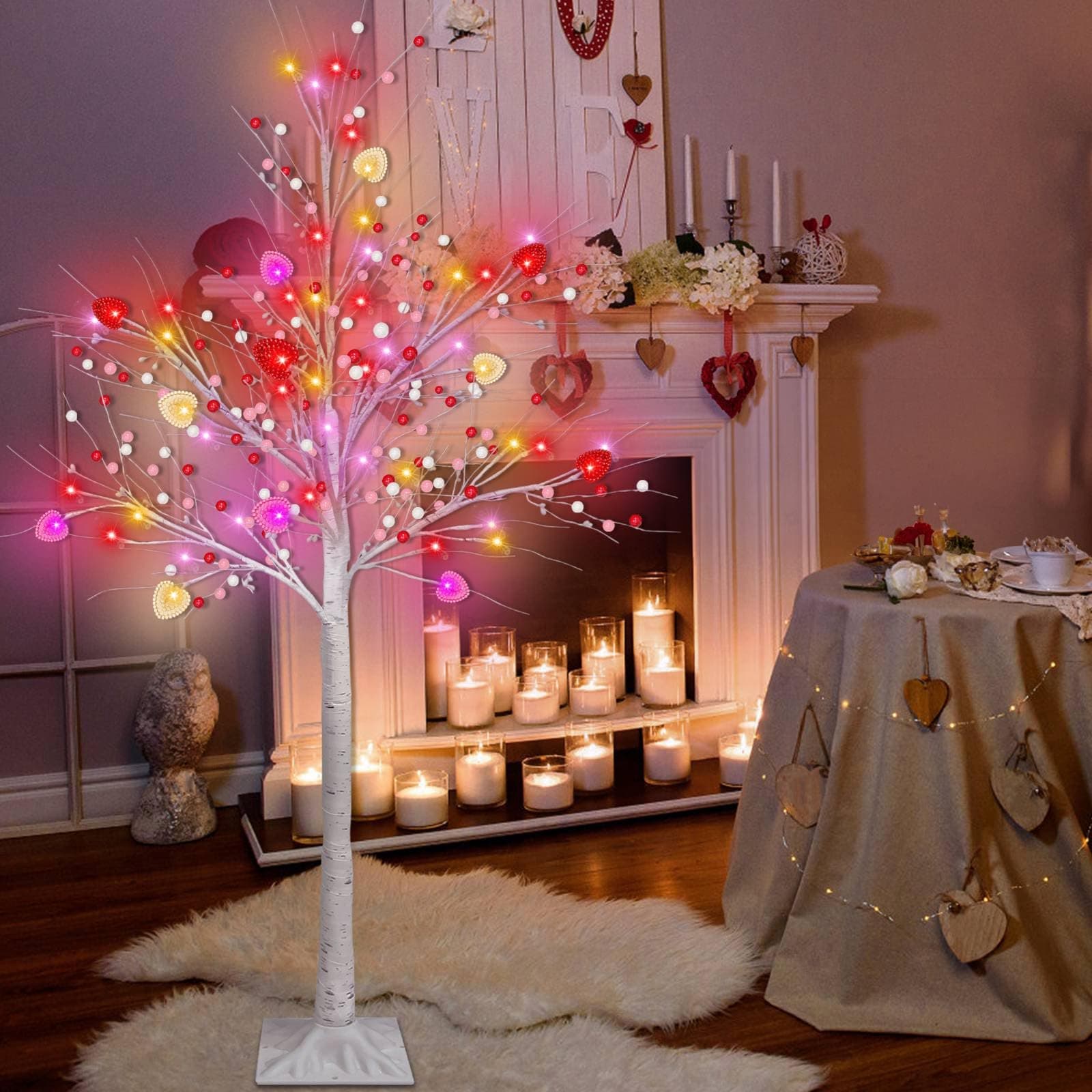 Valentines Day Decor, 4 FT Prelit Lighted Valentines Tree with 3D Hearts&Berries - Thumbnail 8