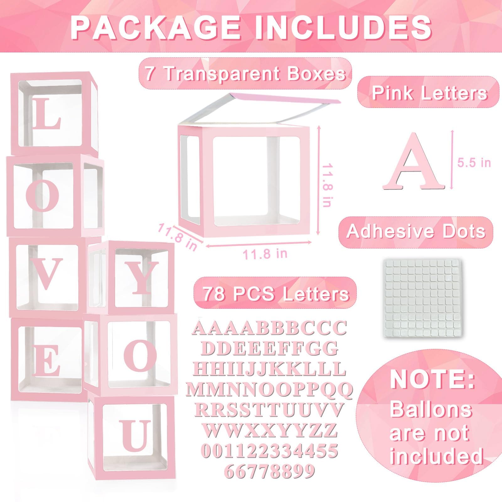 Ledido Transparent Balloon Boxes With 78 Letters Numbers, Pink Baby Boxes with L - Thumbnail 2