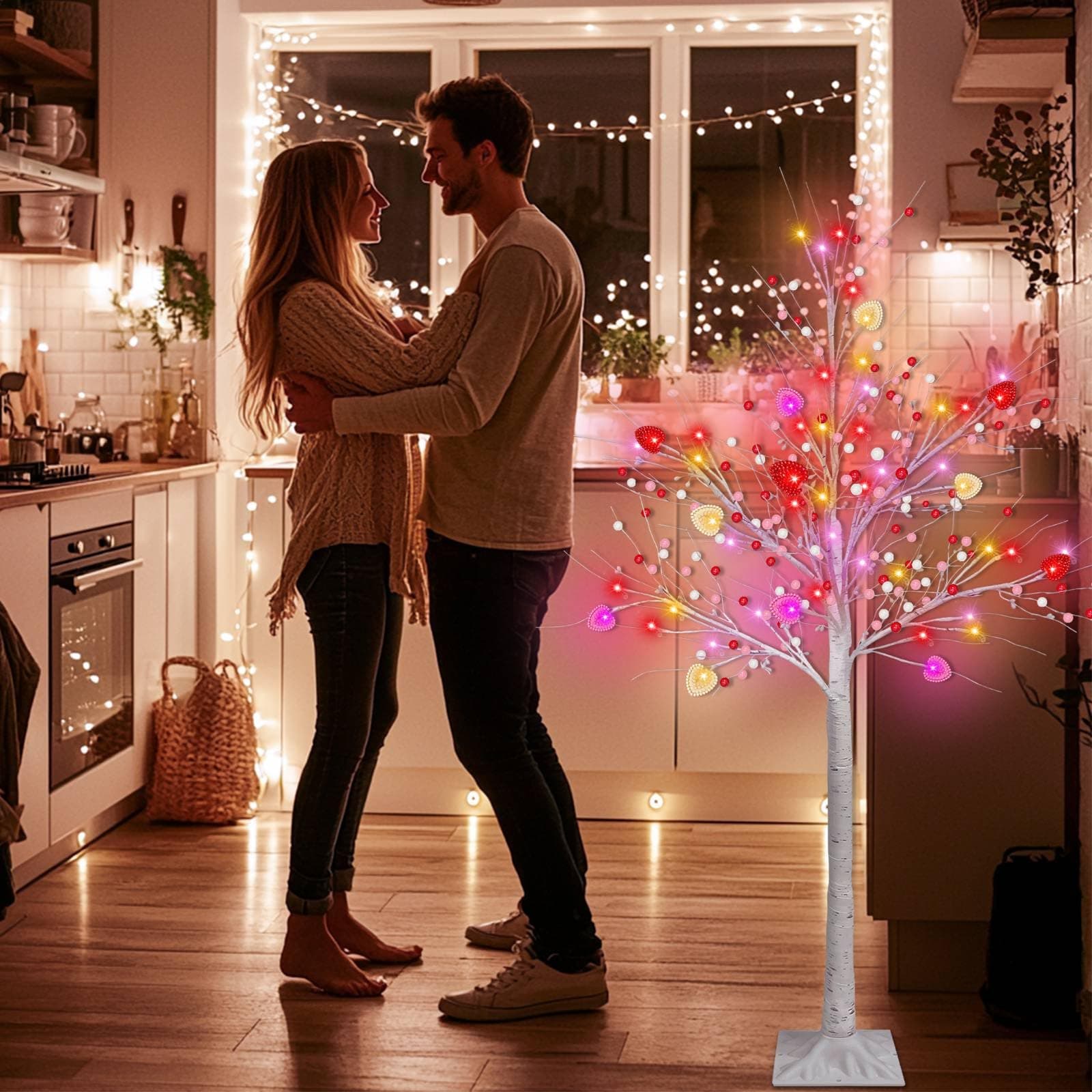 Valentines Day Decor, 4 FT Prelit Lighted Valentines Tree with 3D Hearts&Berries - Thumbnail 6