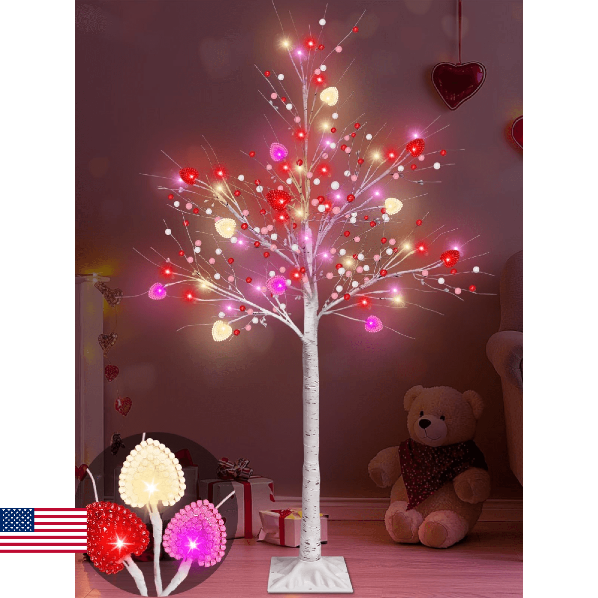 Valentines Day Decor, 4 FT Prelit Lighted Valentines Tree with 3D Hearts&Berries - Image 1