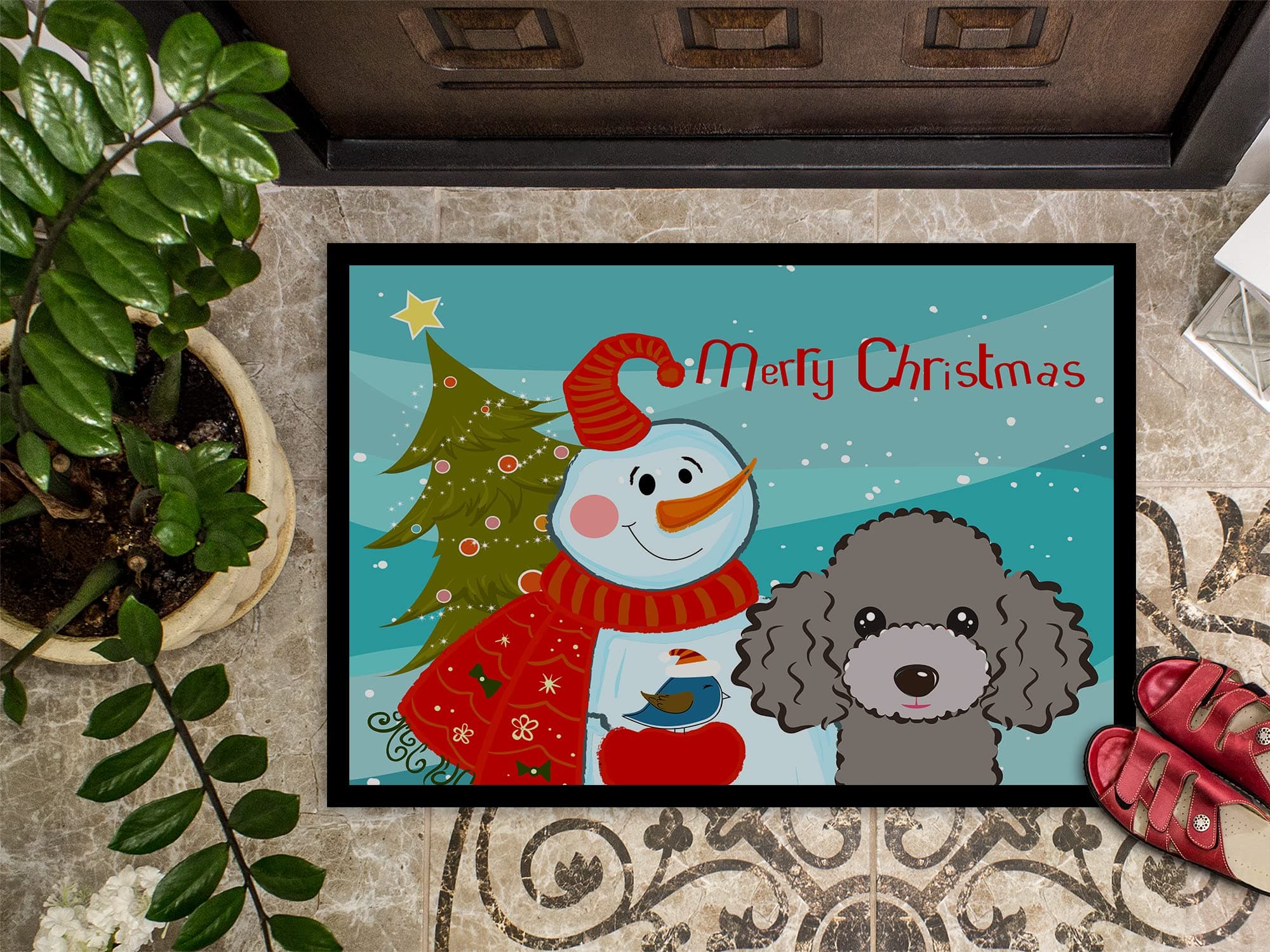 Caroline's Treasures BB1879MAT Snowman with Silver Gray Poodle Doormat 18x27 Fro - Thumbnail 3