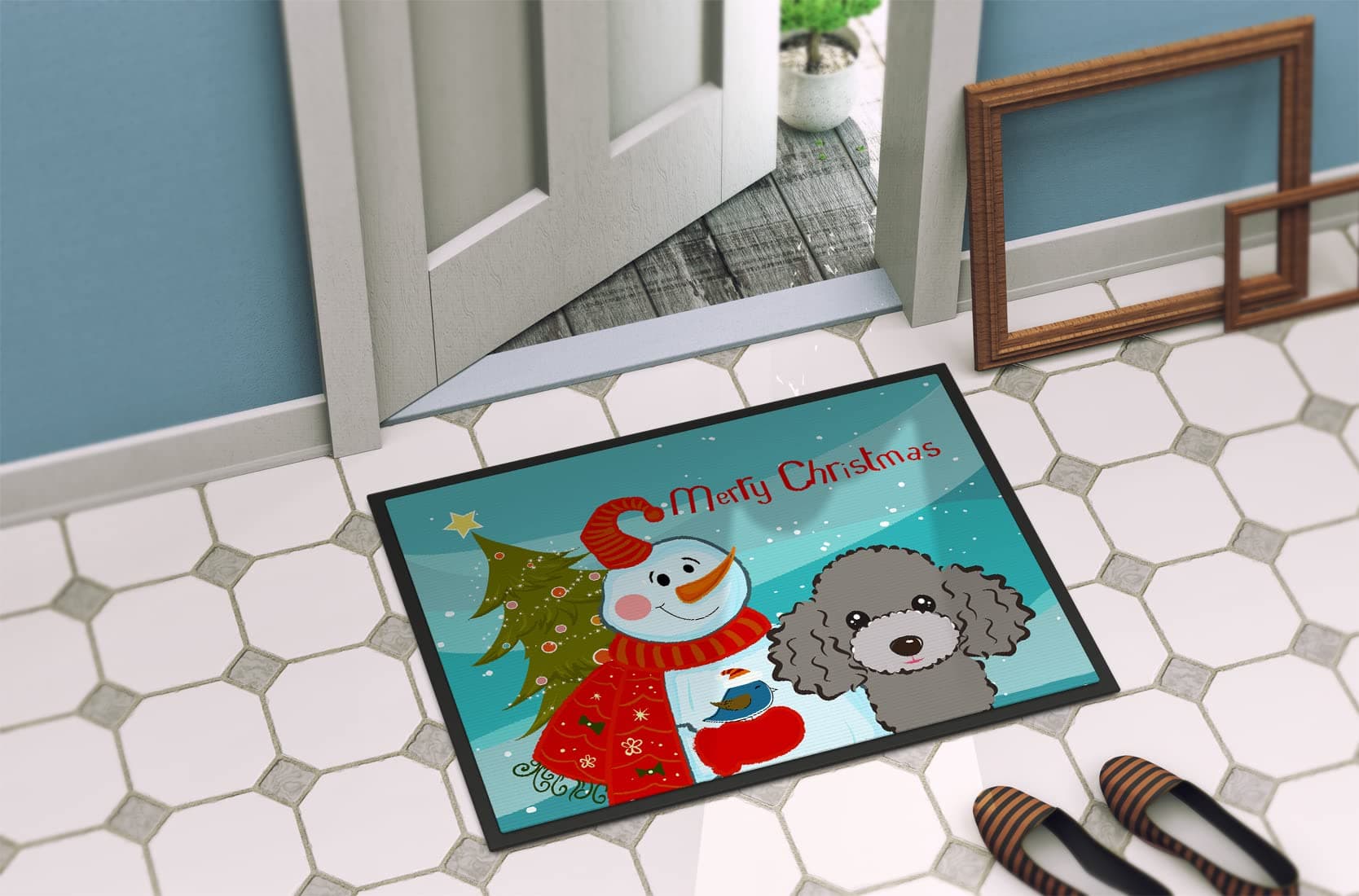 Caroline's Treasures BB1879MAT Snowman with Silver Gray Poodle Doormat 18x27 Fro - Thumbnail 4