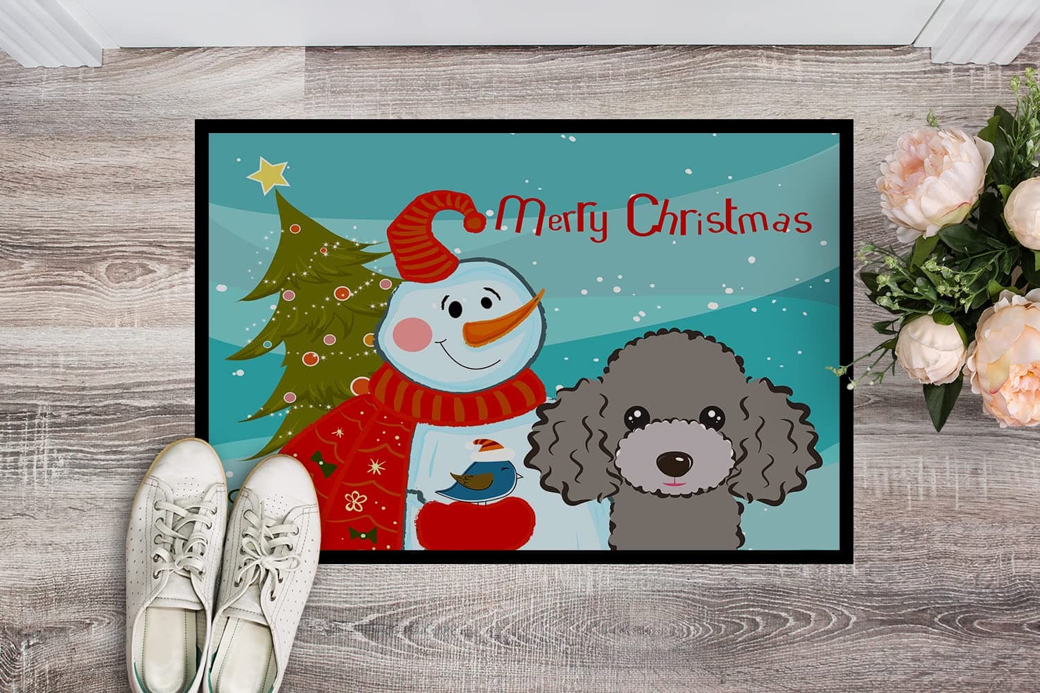 Caroline's Treasures BB1879MAT Snowman with Silver Gray Poodle Doormat 18x27 Fro - Thumbnail 2