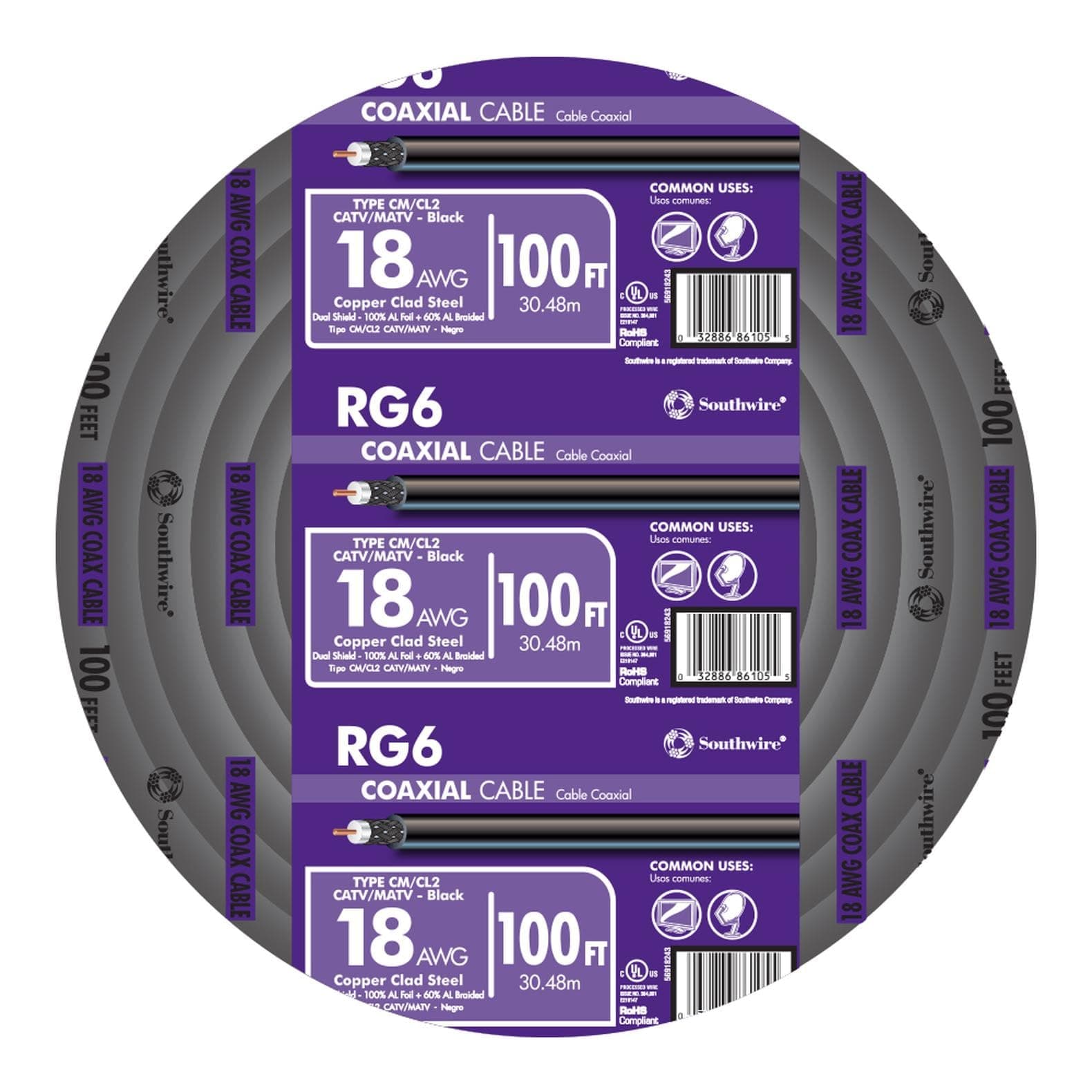 Southwire 56918443 RG6 Quad Shield CATV Communication Cable 100 Ft Coil - Thumbnail 2