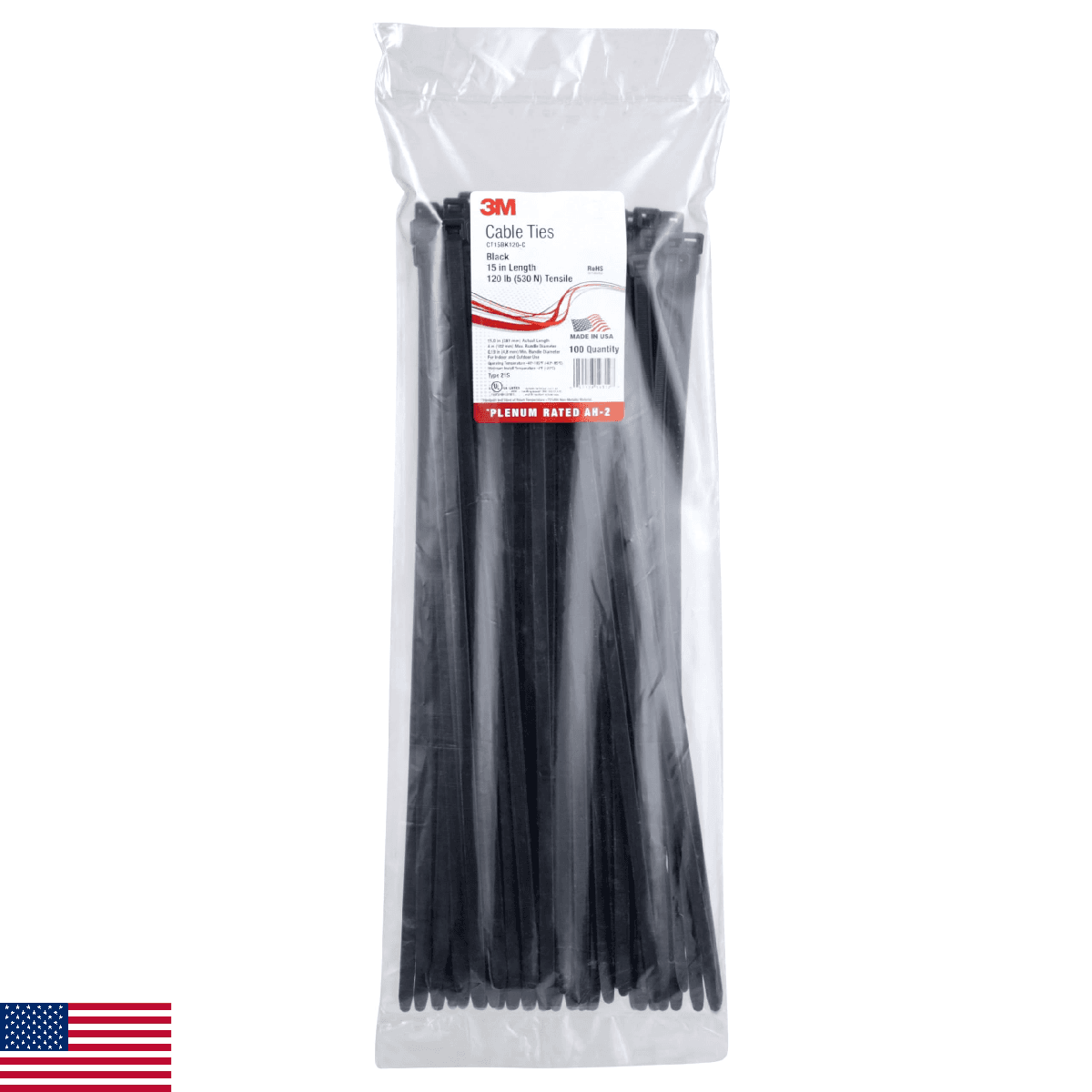 3M Black Cable Tie, Self-locking, 15" 120lb Tensile Strength, CT15BK120-C, Bag o - Image 1