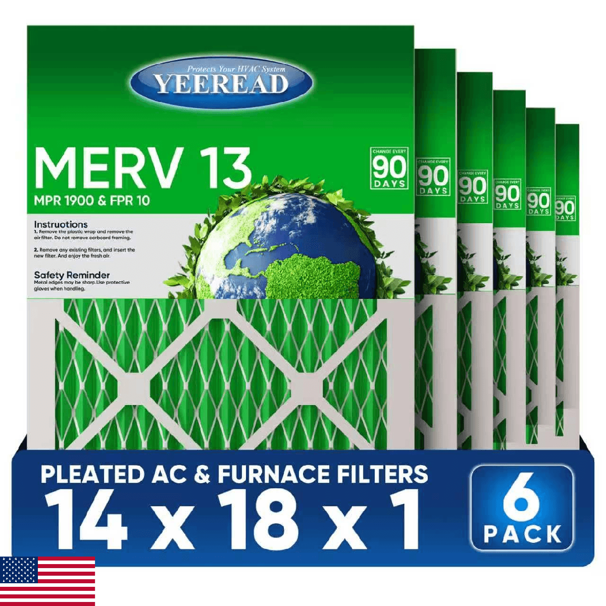 YEEREAD 14x18x1 MERV 13 Air Filters 6-Pack Actual Size 13.7" x 17.7" x 0.75" Ple - Image 1